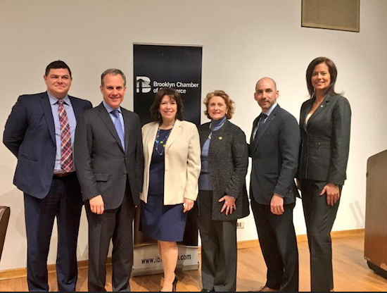 From left: Tucker Reed, president of the Downtown Brooklyn Partnership; Eric Schneiderman; Brooklyn Chamber Board Chair Denise Arbesu; state Assemblymember Jo Anne Simon; Andrew Hoan, executive vice president and chief of staff for Brooklyn Chamber of Commerce; and Ana Oliveira, senior vice president and regional manager for Investors Bank. Photo courtesy of the Brooklyn Chamber of Commerce