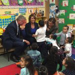 House Democratic Minority Leader Nancy Pelosi (center) visited Brooklyn on Wednesday to tour a pre-K program at P.S. 123 in Bushwick with Congresswoman Nydia Velazquez, Mayor Bill de Blasio and Department of Education officials. Photo courtesy of the office of Nancy Pelosi
