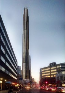 This 1,066-foot-tall skyscraper will share a development site with landmarked Dime Savings Bank in Downtown Brooklyn. Rendering by SHoP Architects via the Landmarks Preservation Commission