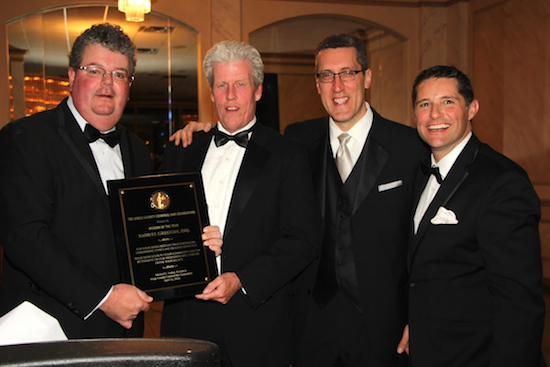 The Kings County Criminal Bar Association held its annual awards dinner where it honored Samuel Gregory and three others. Pictured from left: Past President Gary Farrell, Man of the Year honoree Samuel Gregory, President Michael Farkas and Executive Vice President Michael V. Cibella. Eagle photos by Mario Belluomo