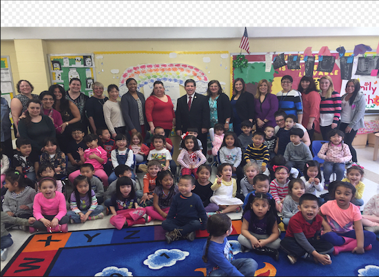 A visit by Councilmember Vincent Gentile (standing in center) meant a great deal to the pre-kindergarten program at Site Z075, according to Early Childhood Director Dianne Gounardes. Photo courtesy of School District 20
