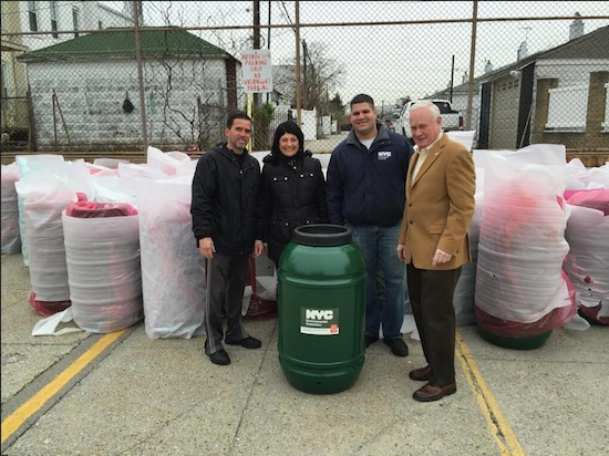 State Sen. Marty Golden (right) and members of his staff helped DEP distribute hundreds of rain barrels. Photo courtesy of DEP