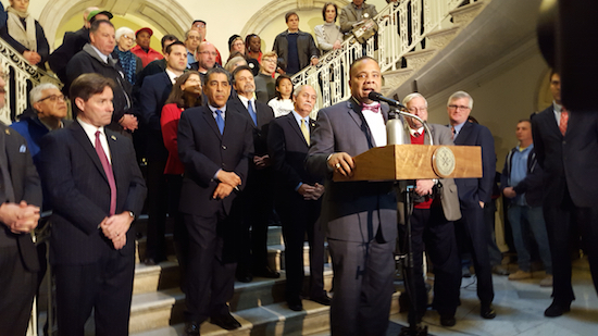 State Sen. Jesse Hamilton, speaking at City Hall, says the Trans-Pacific Partnership would pose a serious threat to New Yorkers. Photo courtesy of Hamilton’s office
