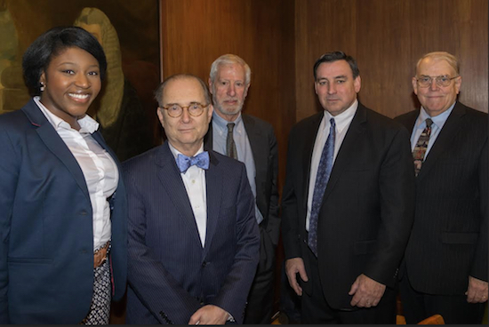 Hon. Barry Kamins and three attorneys spoke at a Continuing Legal Education session at the Brooklyn Bar Association’s headquarters on Thursday. Pictured from left: Amber Evans, Kamins, Hal R. Lieberman, Robert P. Guido and John R. Urban. Eagle photo by Rob Abruzzese