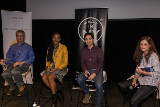 Late Night comedy writers (from left) Joe Toplyn, Franchesca Ramsey and Zhubin Parang were joined by moderator Jennifer Danielson (far right) as they discussed how to make it as a writer during an event at St. Francis College Tuesday. Photos by Rob Abruzzese.