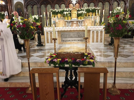 Our Lady of Lebanon Cathedral recently displayed a relic of Saint Sharbel on its altar. Thousands of Maronite Catholics came to the cathedral to see the relic. Photo courtesy of Theresa Abi-Habib