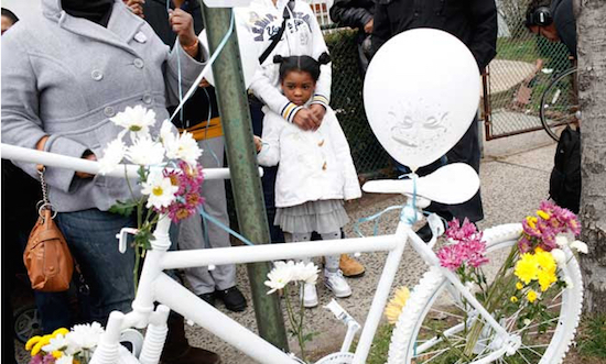 Image: A ghost bike for Jerome E. Johnson, killed by a driver at Linden Boulevard and Schenck Avenue in 2010. 18 cyclists and 151 pedestrians were killed in 2010. These tragedies remain common; 15 cyclists and 133 pedestrians were killed last year.