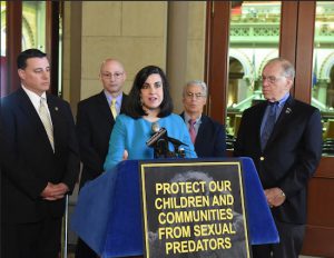 Republicans in the assembly, including Bay Ridge’s Nicole Malliotakis (at podium) are concerned about sex offenders dropping off the state registry. Photo courtesy of Malliotakis’ office