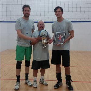 Kirill Syroegin (right) dethroned Ben Smyth (left) to become the 2016 Wallyball King of Court. Syroegin and Smyth are pictured with EAC Wallyball coach George Cassius. Photo by George Cassius