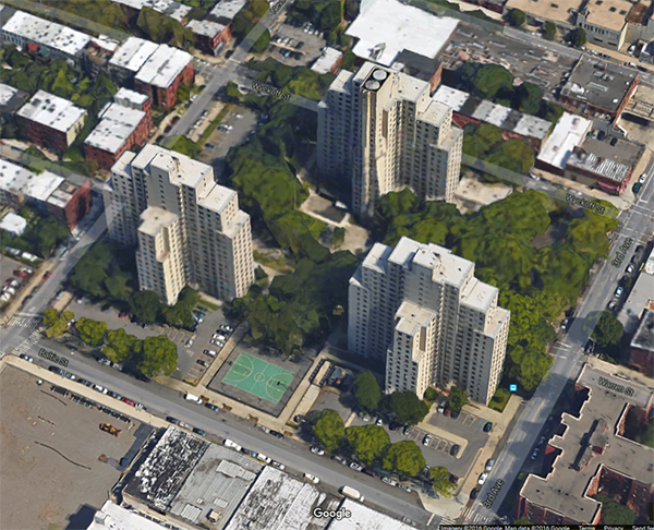 Wyckoff Gardens housing development in Boerum Hill, shown above, is the first NextGen Neighborhood site in Brooklyn. The city is looking for residents who will represent their neighbors and work with developers who are building on unused property at the complex. Image data © Google Maps