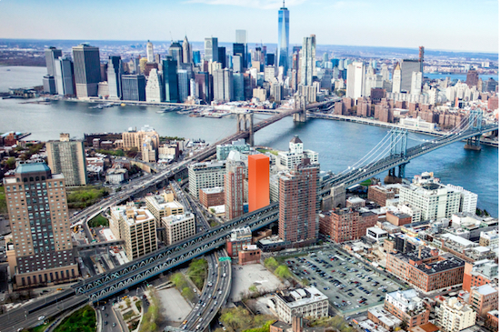 The Watchtower is selling a DUMBO development site, 69 Adams St., where a residential tower (indicated in orange) could be built. Image courtesy of Jehovah's Witnesses