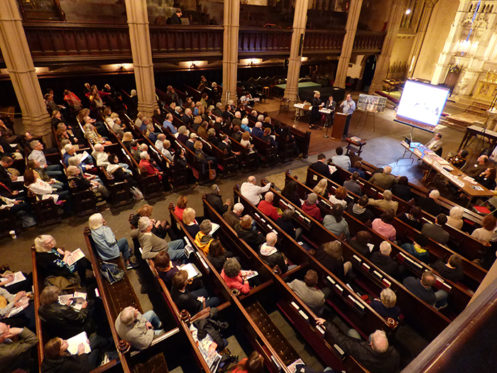A standing-room-only crowd filled St. Ann & the Holy Trinity Church on Montague Street for Wednesday’s Brooklyn Bridge Park development town hall. Photos by Mary Frost