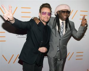 Bono, seen here with musician Nile Rodgers, celebrates his birthday today. Photo by Charles Sykes/Invision/AP
