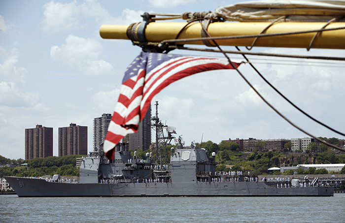 The USS Monterey, a U.S. Navy guided missile cruiser based in Norfolk, Va., sails down New York's Hudson River, part of Fleet Week NY 2008. AP photo by Richard Drew