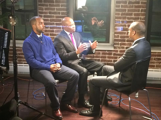 Glen Grays (left) and Eric Adams (center) were interviewed about the incident on "CBS This Morning" in March. Photo courtesy of Stefan Ringel/Brooklyn BP’s Office
