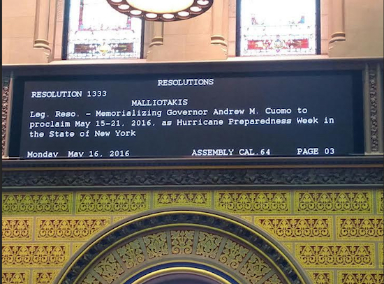 As the board in the Assembly Chamber shows, Assemblymember Nicole Malliotakis sponsored a resolution on Hurricane Preparedness Week. Photo courtesy of Malliotakis