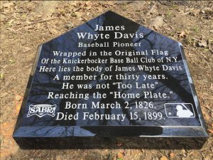A stone that will mark the grave of baseball pioneer James Whyte Davis is shown. Whyte, who has rested in an unmarked grave since he died in 1899, is now being honored with a home-plate-shaped gravestone at Brooklyn’s historic Green-Wood Cemetery. Jeff Richman/Green-Wood Cemetery Historic Fund via AP