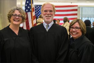 The Kings County Family Court’s Law Day theme this year was “Miranda: More Than Words,” during its annual event last Tuesday. Pictured from left: Hon. Amanda E. White, supervising judge of the Kings County Family Court; Hon. Alan Beckoff; and Hon. Jeanette Ruiz, administrative judge of the New York City Family Court. Eagle photos by Rob Abruzzese