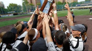 The LIU-Brooklyn Blackbirds hoist their 2016 Northeast Conference softball championship trophy after edging Robert Morris, 3-2, in the title game in Downtown Brooklyn on Saturday. Photo courtesy of LIU-Brooklyn Athletics