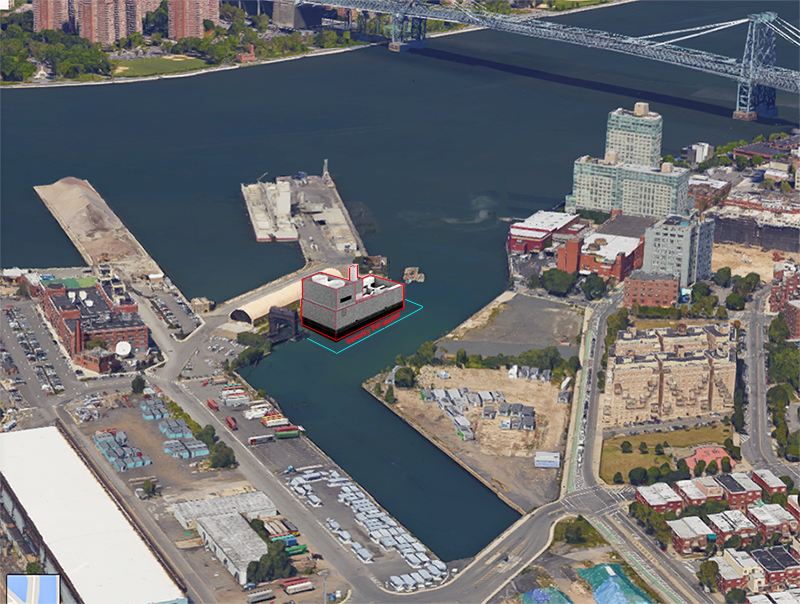 This graphic depicts a controversial floating power generator an energy company wants to operate in Wallabout Channel in Brooklyn. Map data © Google Maps, graphic by Mary Frost