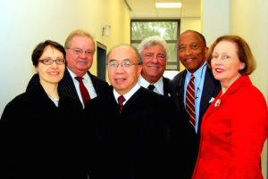 The Kings County Supreme Court celebrated Law Day and this year’s theme, “Miranda: More than Words,” with a ceremony in the court on Monday. Pictured from left: Hon. Jenny Rivera, Brooklyn Law School Dean Nicholas W. Allard, Hon. Randall T. Eng, Hon. Frank Seddio, NYC Corporation Counsel Zachary Carter and Hon. Nancy T. Sunshine, County Clerk, Clerk of Supreme Court and Commissioner of Jurors. Photos by Arthur De Gaeta.