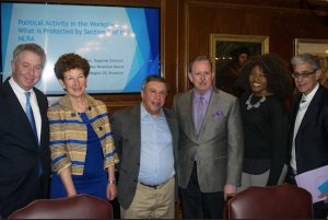 The Brooklyn Bar Association held a panel that included past President Andrew M. Fallek and Hon. Katherine A. Levine for a Continuing Legal Education (CLE) seminar about what you can and can't say in the workplace. Pictured from left: Fallek, Levine, Alan Podhaizer, James G. Paulsen, CLE Director Amber Evans and Steve Cohn. Eagle photo by Rob Abruzzese
