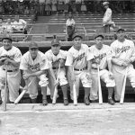 Joe Medwick (far left) poses with fellow Brooklyn Dodgers in June 1942. His teammates (second from left to right) are Billy Herman, Pee Wee Reese, Pete Reiser, Mickey Owen and Whitlow Wyatt. AP photo/Tom Sande