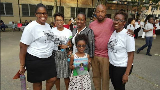 District 16 in Bedford-Stuyvesant held its inaugural Literacy Fair in Jesse Owens Park on Thursday. Pictured from left: Superintendent Rahesha Amon, Principal Leadership Facilitator Yolanda Martin, Family Advocate Camelia Brogden-Cruz, Noel Calloway, Parent of Kellen Calloway, Principal Nakia Haskins, Kellen Calloway, student and author of “Runaway Princess.” Photos courtesy of District 16.