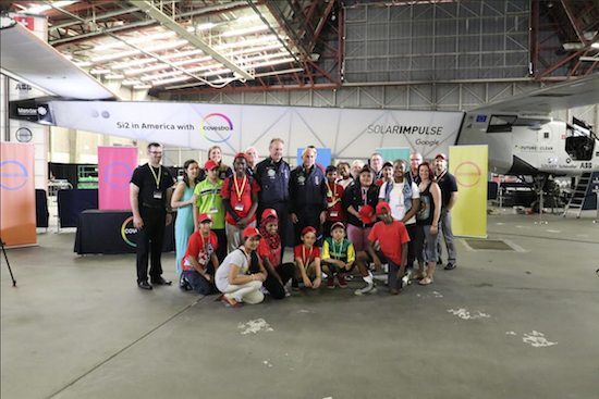 Students from Ditmas Intermediate School 62 (pictured) and the Brooklyn Science and Engineering Academy welcomed Solar Impulse 2 and the pioneering pilots, Bertrand Piccard and Andre Borschberg, who conceived, built and are flying the world’s first solar-powered airplane around the world. Photo courtesy of Covestro LLC