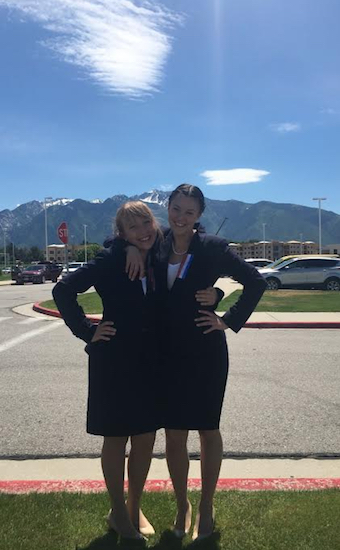 Speech team members Gabrielle Buenerd (left) and Mikayla DeLorenzo took in the views of the mountains around Salt Lake City during their stay in Utah. Photo courtesy of John Herron
