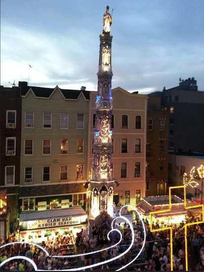 This photo spread narrates various aspects of the story of San Paolino’s rescue from captivity. Pictured: the full height of the Giglio right before one of the night lifts a few years ago. Photo courtesy of Our Lady of Mount Carmel Church