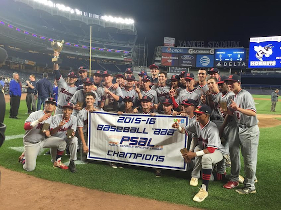For the first time ever, Brooklyn’s Midwood High School captured the PSAL AAA Baseball Championship at Yankee Stadium on Monday night, stunning previously unbeaten Tottenville with a 3-0 shutout in the title game. Photo courtesy of Beth Vershleiser/Midwood High School