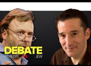 This image is part of Congregation Mount Sinai’s promotion of a class on the famous debate between self-acclaimed atheist Christopher Hitchens (pictured at left) and Rabbi David Wolpe. Hitchens died in 2011. Image courtesy of Congregation Mount Sinai