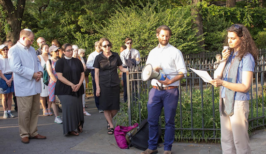 Members of the Brooklyn Heights Association led Monday’s prayer vigil for the Orlando victims. In foreground, right are Rabbi Seth Wax and the Rev. Ana Levy-Lyons. Eagle photos by Francesca N. Tate