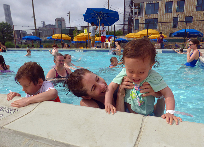 Mom Lindy Arpante with Sadie, right, and Liev, left, at Brooklyn Bridge Park’s Pop-Up Pool. Photos by Mary Frost