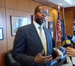 Brooklyn District Attorney Ken Thompson spoke to reporters about his office’s Hate Crimes Unit and a new hotline in the wake of Sunday’s horrific Orlando terror attack. The press conference followed Tuesday’s meeting with members of the LGBTQ community. Eagle photo by Mary Frost