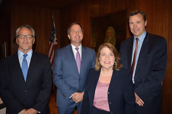 The Brooklyn Bar Association (BBA) discussed jury selection for the first time in 10 years during a Continuing Legal Education seminar that featured Justice Ellen Spodek. Pictured from left: Michael Ronemus, Thomas Gerspach, Spodek and John A. Bonina. Eagle photo by Rob Abruzzese