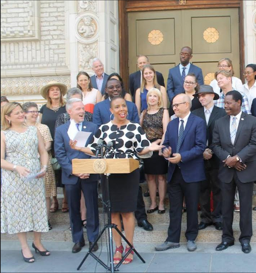 Councilmember Laurie Cumbo (at podium), council members and representatives of arts community celebrate the city’s nearly $64 million investment in cultural institutions. At left is Council Speaker Melissa Mark-Viverito. Photo courtesy of Cumbo’s office