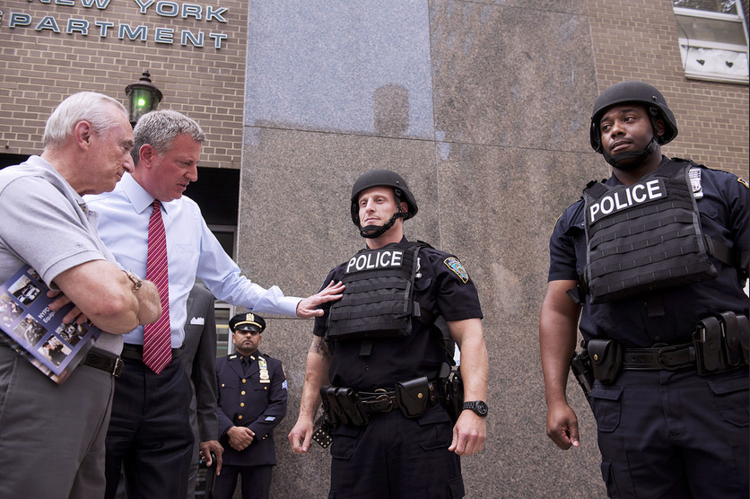 Mayor Bill de Blasio joined NYPD Police Commissioner Bratton to announce new equipment including helmets and vests at the 84th Precinct in Brooklyn.  Photo by Demetrius Freeman, courtesy of Mayoral Photography Office