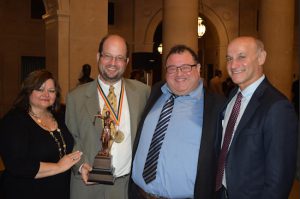 The Gay/Straight Alliance of the NYS Courts posthumously honored Chief Judge Judith Kaye during its annual gay pride celebration. Pictured from left: Doina Rosu Almazon, Jonathan Kaye, Marc Levine and Hon. Lawrence K. Marks. Eagle photos by Rob Abruzzese