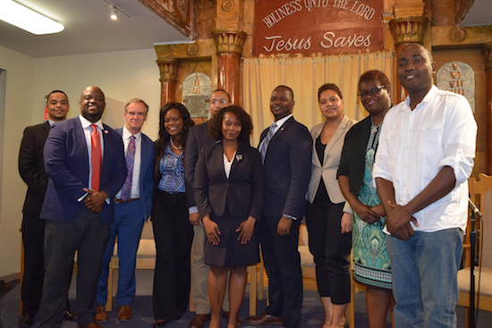 The Haitian American Lawyers Association of New York and the Haitian American Caucus hosted a community discussion on race relations and law enforcement. Pictured from left: Emmanuel Depas, Josué Pierre, Marc Fliedner, Assemblymember Rodneyse Bichotte, Gregory P. Mouton, Ritha Pierre, Samuel M. Pierre, Raniece Medley, New York state Sen. Roxanne Persaud and Mario Michel. Eagle photos by Rob Abruzzese