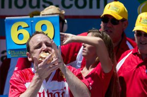 Joey Chestnut ate 70 hot dogs and buns in 10 minutes. AP Photo/Mary Altaffer