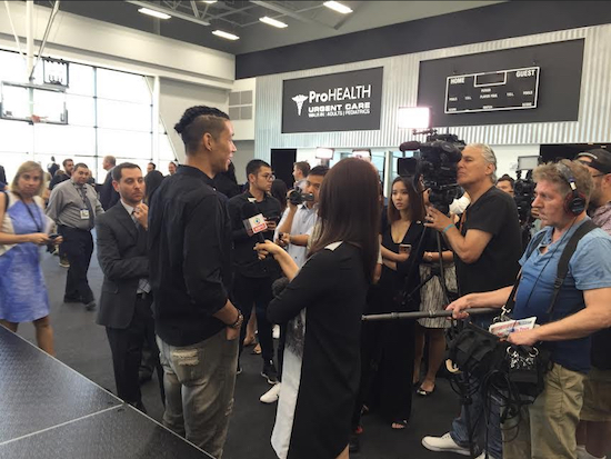 Jeremy Lin of Knicks’ “Lin-Sanity” fame got his first taste of Brooklyn on Wednesday afternoon as he and five other new members of the Nets met the local media at Sunset Park’s HSS Training Center. Eagle photo by John Torenli