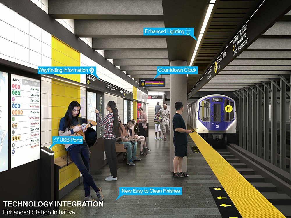 Improved subway stations will feature new signage, countdown clocks and better cellular connectivity, among other improvements. The first three stations to be rebuilt are in Brooklyn. Rendering courtesy of the MTA