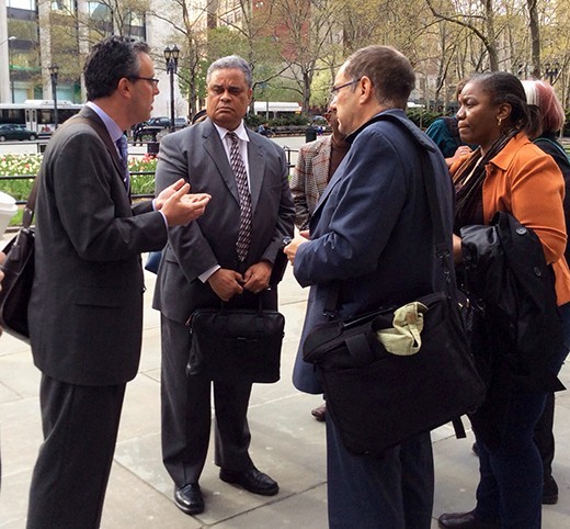 Merrell Schexnydre, President and CEO of BHP, second from left, outside State Supreme Court in Downtown Brooklyn. Photo by Mary Frost