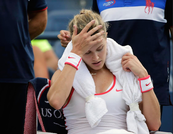 In this 2015 file photo, Eugenie Bouchard of Canada takes a break between games against Dominika Cibulkova, of Slovakia, at the U.S. Open. Bouchard won that match. But she fell at the facility and suffered a concussion, and withdrew before her fourth-round match and missed most of the rest of the season. Bouchard filed suit against the U.S. Tennis Association in U.S. District Court in Brooklyn in October, and that case is still pending. AP Photo/Charles Krupa, File