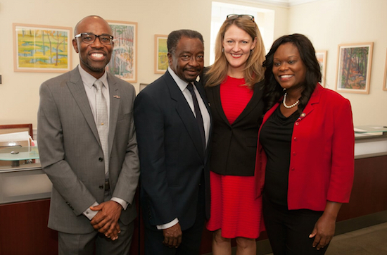 At a ceremony at Brooklyn College announcing the creation of the Haitian Studies Institute are, from left, Institute Founding Director Dr. Jean Eddy Saint Paul; Brooklyn Assembiyman Nick Perry; Brooklyn College President Michelle J. Anderson and Brooklyn Assemblywoman Rodneyse Bichotte. Photo Courtesy Brooklyn College