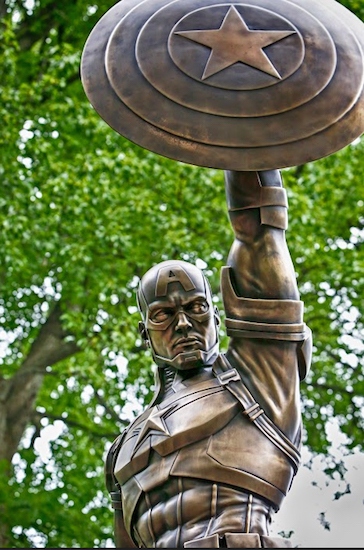 Captain America in bronze, a sculpture by Dan Cortes, raises his shield. Eagle photos by Andy Katz