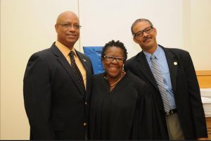 John Simmond (left), Hon. Michelle Weston and Rod Randall (right) helped to run the annual mock trial that the court's summer interns put on each year. Photos courtesy of Charmaine Johnson
