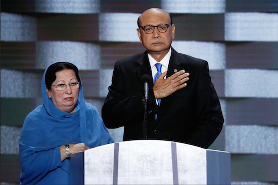 In this July 28 AP file photo, Khizr Khan, father of fallen US Army Capt. Humayun S. M. Khan and his wife Ghazala speak during the final day of the Democratic National Convention in Philadelphia. AP Photo/J. Scott Applewhite, File